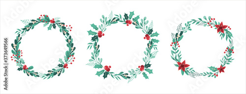 Set of Christmas wreaths of branches, leaves, berries, holly, white mistletoe, poinsettia. Isolated on white background. Round frame with place for text. Vector illustration.