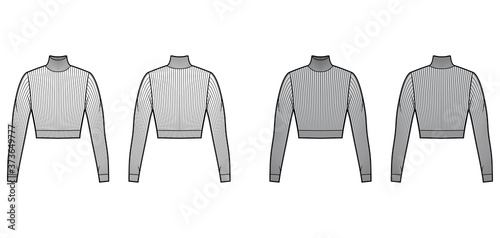 Cropped turtleneck ribbed-knit sweater technical fashion illustration with long sleeves, close-fitting shape. Flat jumper apparel template front back white grey color. Women men unisex shirt top CAD