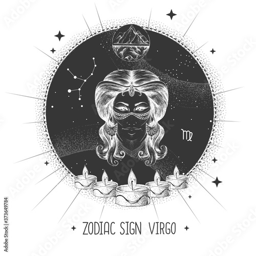 Modern magic witchcraft card with astrology Virgo zodiac sign. Realistic hand drawing woman head. Zodiac characteristic