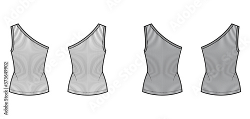 One-shoulder ribbed stretch-jersey tank technical fashion illustration with slim fit, tunic length. Flat outwear cami top apparel template front back white grey color. Women men unisex shirt knit CAD