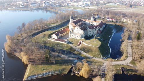 Aerial view of famous medieval Nesvish Castle - historical heritage of Belarus photo