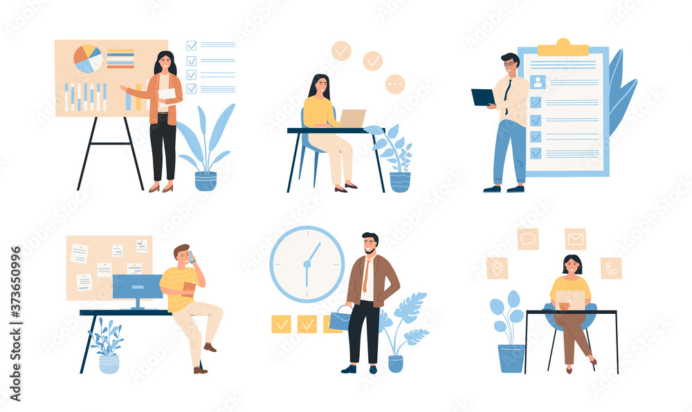Collection of six scenes of successful people who effectively manage their tasks. Multitasking at work. Distribution of tasks project work. Planning and time management. Flat Vector Illustration