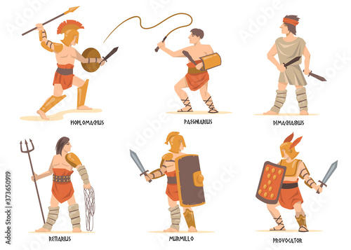 Gladiators characters set. Ancient Roman and Greek warriors, mythology characters, Spartan soldiers with swords and shields. Vector illustration for history, empire, war, fight concept