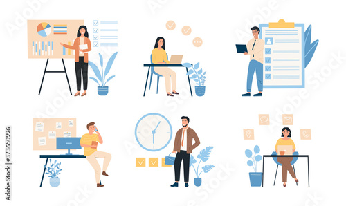 Collection of six scenes of successful people who effectively manage their tasks. Multitasking at work. Distribution of tasks project work. Planning and time management. Flat Vector Illustration © Mr. Good
