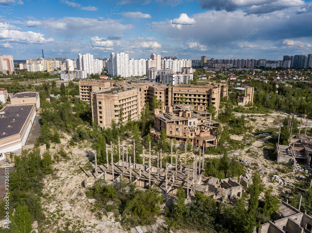 Aerial drone view. Abandoned unfinished building of the city hospital in Kiev.