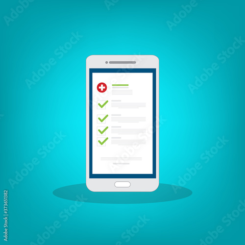 Medical prescription online or digital medicine test results with approved check mark form on mobile phone, cellphone with clinic checklist, flat cartoon modern vector illustration.