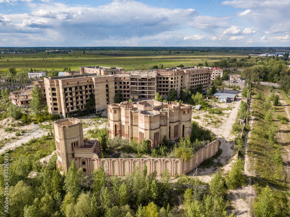 Aerial drone view. Abandoned unfinished building of the city hospital in Kiev.