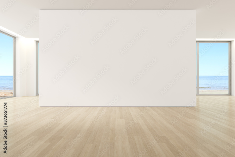 3d render of modern empty room with wooden floor and large plain wall on sea background. 3d render of modern empty room with wooden floor and large plain wall on sea background.
