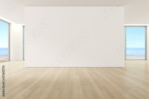 3d render of modern empty room with wooden floor and large plain wall on sea background.