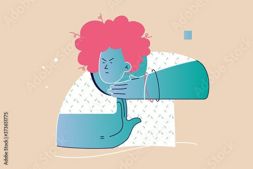Emotion, face, stop concept. Young serious angry dissatisfied displeased woman girl teenager cartoon character showing timeout sign gesture or stopping action. Negative facial expression illustration.