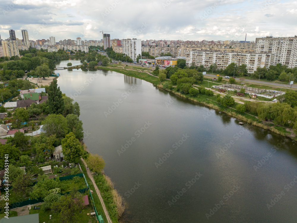 Aerial drone view. City lake in Kiev