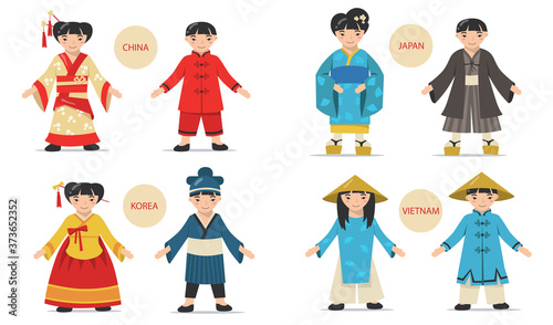 Traditional Asian couples set. Cartoon Chinese, Japanese, Korean, Vietnamese men and women wearing national costumes, kimonos and hats. For history, fashion, culture concepts