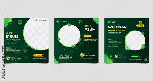 Set of Social media post template with wave background, Suitable for webinar, seminar, live radio and other event. Vector graphic of gradient green background