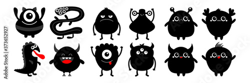 Cute black monster set. Happy Halloween. Cartoon kawaii sad character icon. Eyes, horns, hands up, tongue. Funny baby collection. Isolated. White background. Flat design.