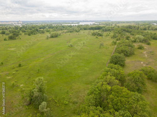 Aerial drone view. Green meadow in spring.
