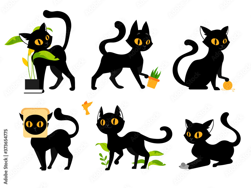 Pets, Domestic Animals Concept. A Set Of Mischievous, Funny, Adorable Cats. Kitties Catching Butterfly, Playing With Plant In Pot, Mouse And Ball Of Threads. Colorful Flat Style Vector Illustration