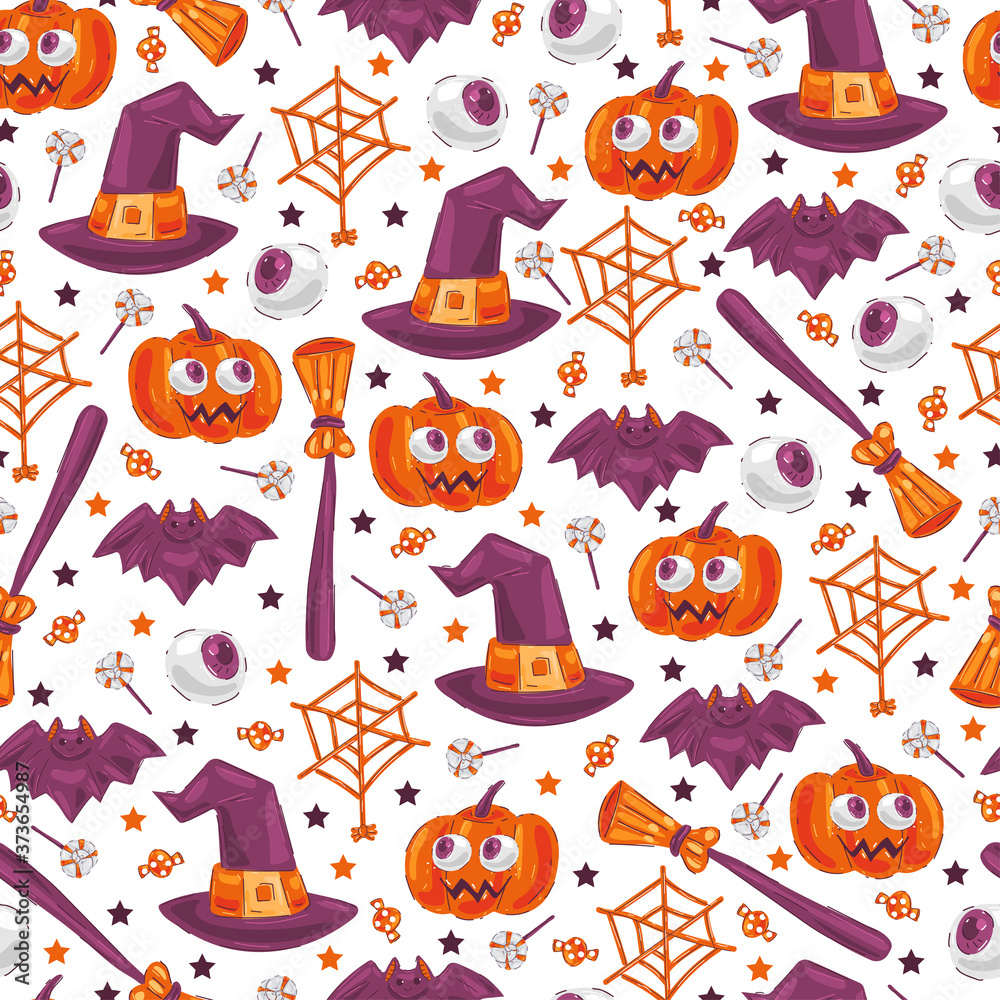 Cute Halloween elements vector cartoon seamless pattern on white background for wallpaper, wrapping, packing, and backdrop. Cute Halloween elements vector cartoon seamless pattern on white background for wallpaper, wrapping, packing, and backdrop.