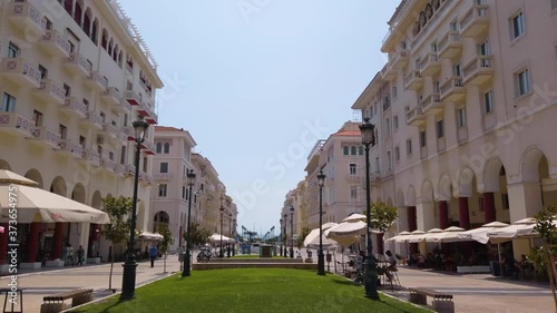 4K clip of the empty infamous Aristotelous Square in Thessaloniki, Greece on a clear summer day