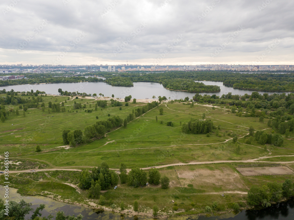 Aerial drone view. City lake in Kiev