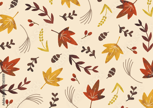 紅葉など実りの秋の模様水彩