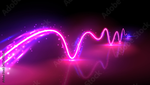 Realistic neon pink and blue wave with reflections, vector illustration