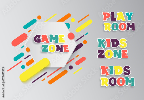 Kids zone entertainment banner. Colorful letters for children's playroom decoration. Sign for children's game room. Kids zone and party room area design.