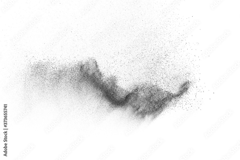 Fototapeta premium Black particles explosion isolated on white background. Abstract dust overlay texture.