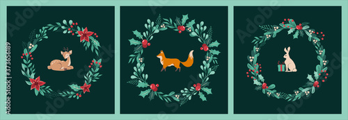 Set of Christmas cards of wreaths of twigs, leaves, berries, holly, white mistletoe, poinsettia with Fox, fawn and hare, rabbit, gifts in the center. Retro Christmas animals. Vector illustration.