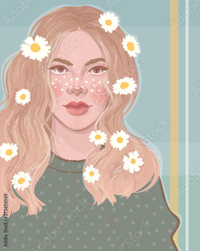 art work beautiful blonde girl with daisies in her hair with imitation of a pencil stroke