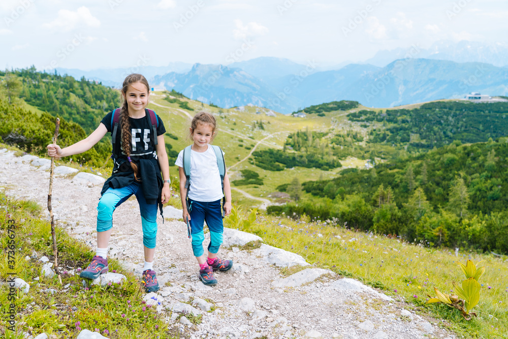 Children hiking on beautiful summer day in alps mountains Austria, resting on rock and admire amazing view to mountain peaks. Active family vacation leisure with kids.Outdoor fun and healthy activity.