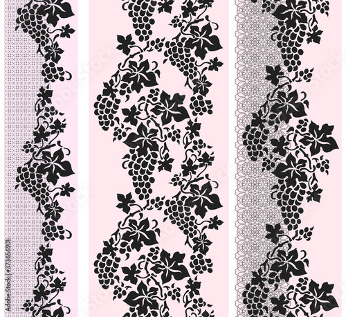 Vine border. Black and white lace vertical seamless pattern. Vector set of 3. Use for embroidery, braid, tape, ribbon.