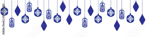 Hanging blue vector Christmas baubles with snowflake and Christmas tree fir design. Christmas banner with blue baubles. 
Continuous, repeat seamless border with Christmas baubles with blue snowflake