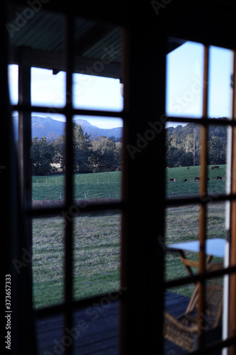 Looking through a cabin window at a peaceful pasture