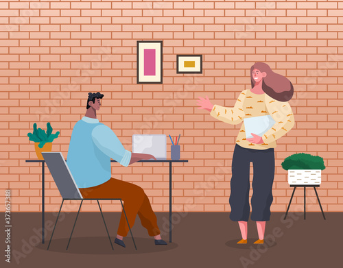 People in common workflow. Office workers characters dressed in formal clothes meeting, discussing matters in cabinet. Woman with document in hand talking to man sitting at the table with laptop