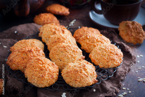 Homemade oatmeal cookies with cottage cheese with a cup of coffee, horizontal