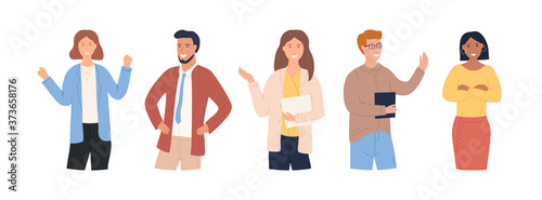 A group of attractive confident people concept. The team actively expresses their emotions. Cheerful cute people and different emotional poses. Emotions of office workers or students. Flat Vector