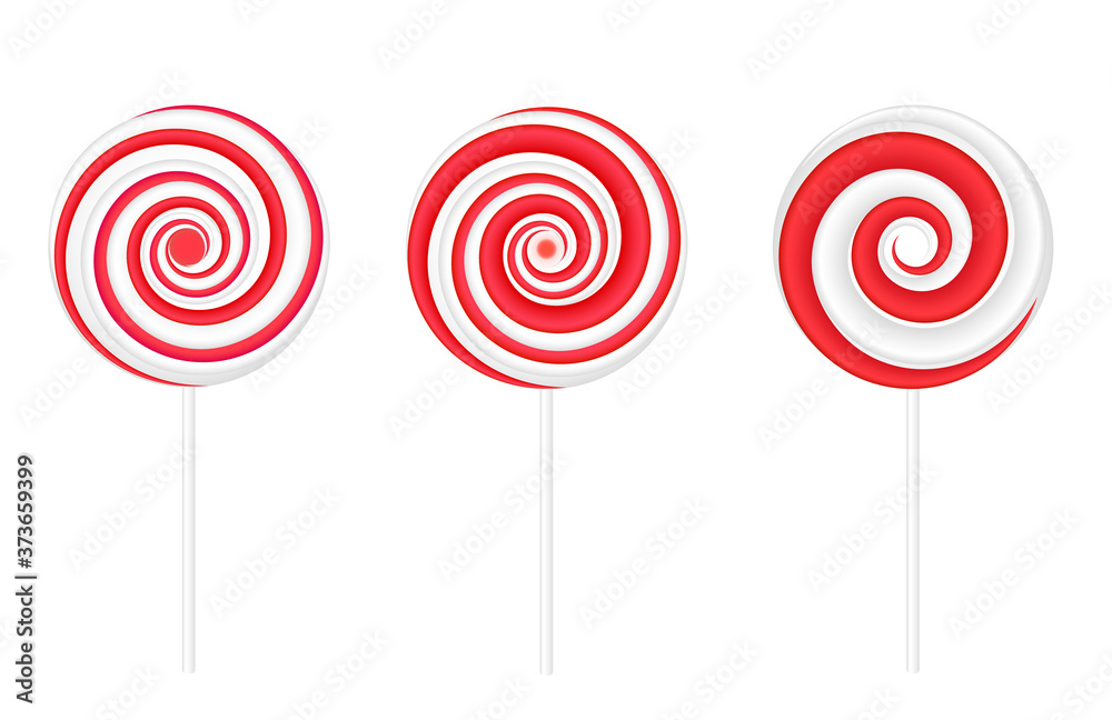 Red and white round spiral swirl lollipops. Vector illustration isolated on white background Red and white round spiral swirl lollipops. Vector illustration isolated on white background
