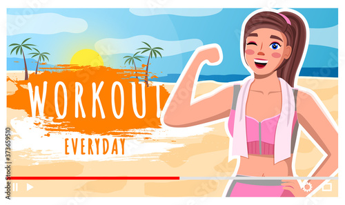 Beauty girl in sportswear runner, jogging, sportive walking makes a video recording for her blog on summer sandy beach. Screensaver of video post women sports video blogger about workout everyday