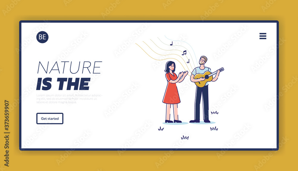 Music outdoors landing page with street musician singing and playing guitar in park