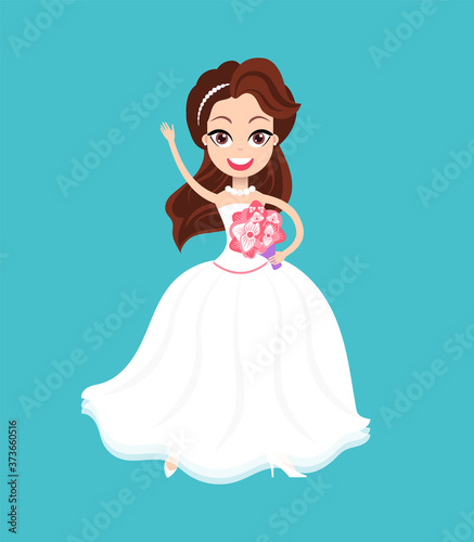 Woman standing in dress waving hand, smiling bride holding bouquet of flowers, portrait view of newlywed character, hen-party or wedding invitation vector