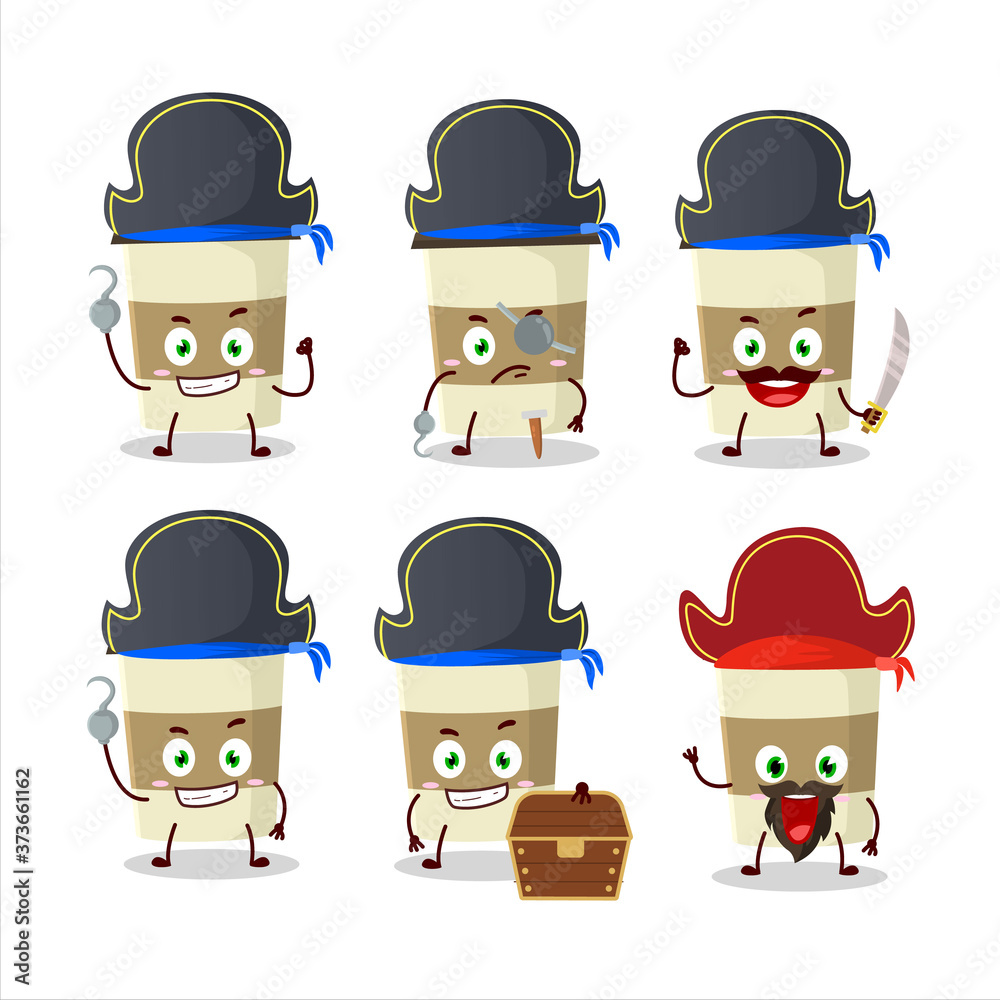 Cartoon character of coffee cup with various pirates emoticons Cartoon character of coffee cup with various pirates emoticons