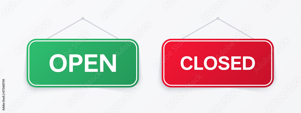 Red and green shop door signs hanging. Empty or blank sign for store, restaurant or cafe. Vector illustration. Red and green shop door signs hanging. Empty or blank sign for store, restaurant or cafe. Vector illustration.