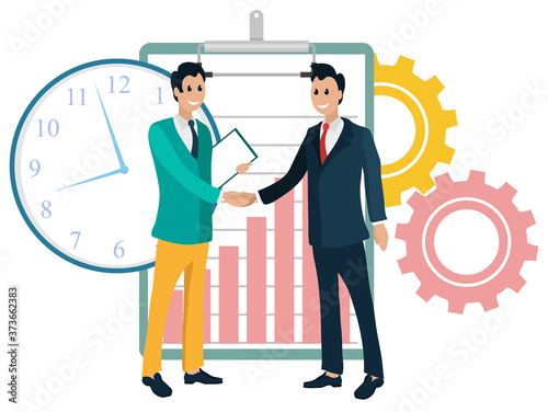 Collaboration of partners vector, man with clipboard contract document. Agreement of sides, time management, cogwheels process symbol and clock icon
