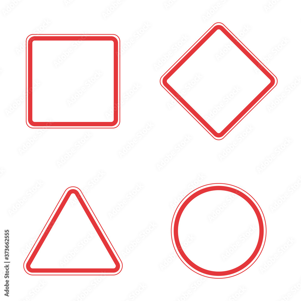 A set of blank signs of different shapes. Warning signs or road signs in red color isolated on white background. Vecatorial illustration
A set of blank signs of different shapes. Warning signs or road signs in red color isolated on white background. Vecatorial illustration
