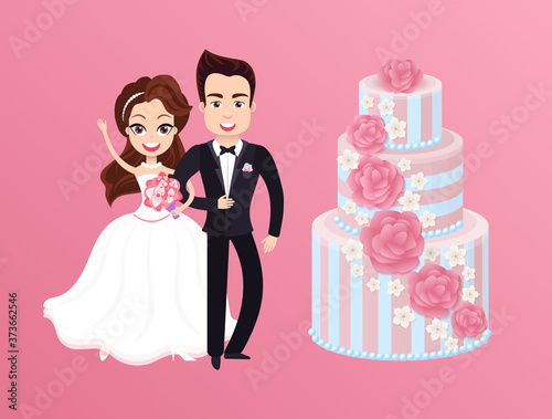 Happy bride with groom and holiday cake. Vector newlywed couple on wedding, wife with pink rose bouquet and luxury multilayer pie isolated on pink