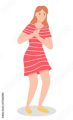 Female character complains of a chest pain, shows a hand on a place on the body that hurts. Wooman patient tells the doctor the symptoms of the disease. Girl is surprised put her hands on heart area