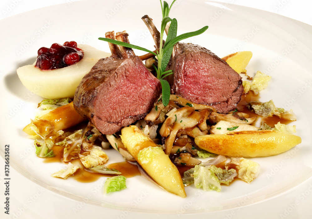 Medium Deer Fillet with Vegetables on Cranberry Sauce - Isolated