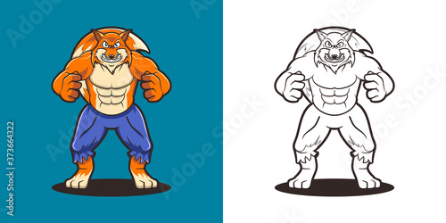 Coloring book cartoon illustration fox the body builder