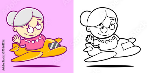 Coloring book cartoon illustration pilot granny