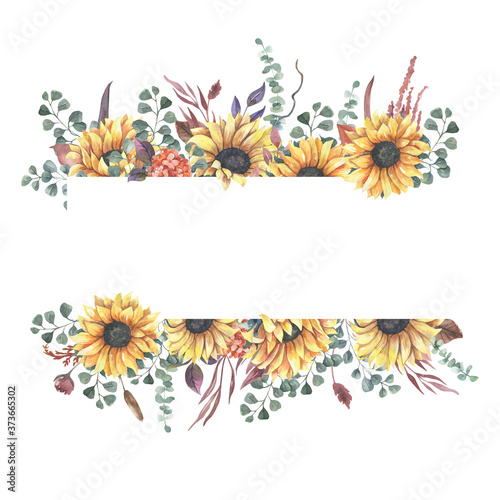 Watercolor hand painted floral sunflower fame.Watercolor floral illustration with sunflowers -  for wedding invite, stationary, greetings, wallpapers, background.
